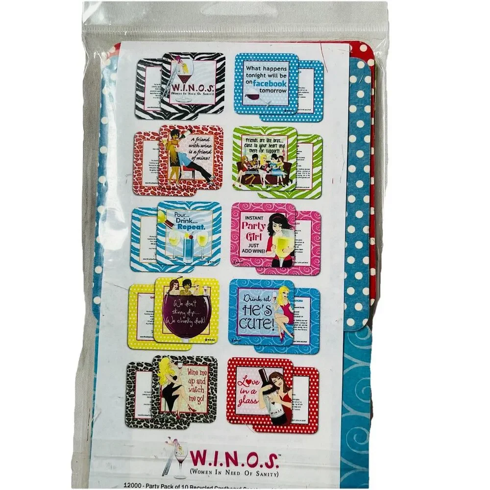 W.i.n.o.s. (Women in Need of Sanity) Party Pack 10 Coasters w/ Drink Recipes Fun